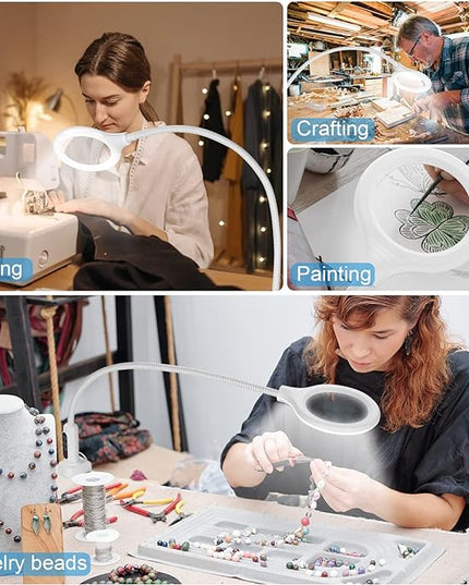 26" Gooseneck Magnifying Lamp with Clamp, 5 Color Modes Stepless Dimmable LED Desk Light with Magnifying Glass, 10X Real Glass Lighted Magnifier Hands Free for Painting Close Work Craft Hobby - LeafyLoom