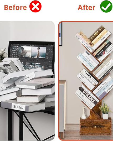 8 Tier Tree Bookshelf with Drawer, Free Standing Wood Bookcase for Narrow Space, Storage Organizer Bookshelves for Books, Book Case for Home Office, Living Room, Bedroom, Rustic Brown - LeafyLoom