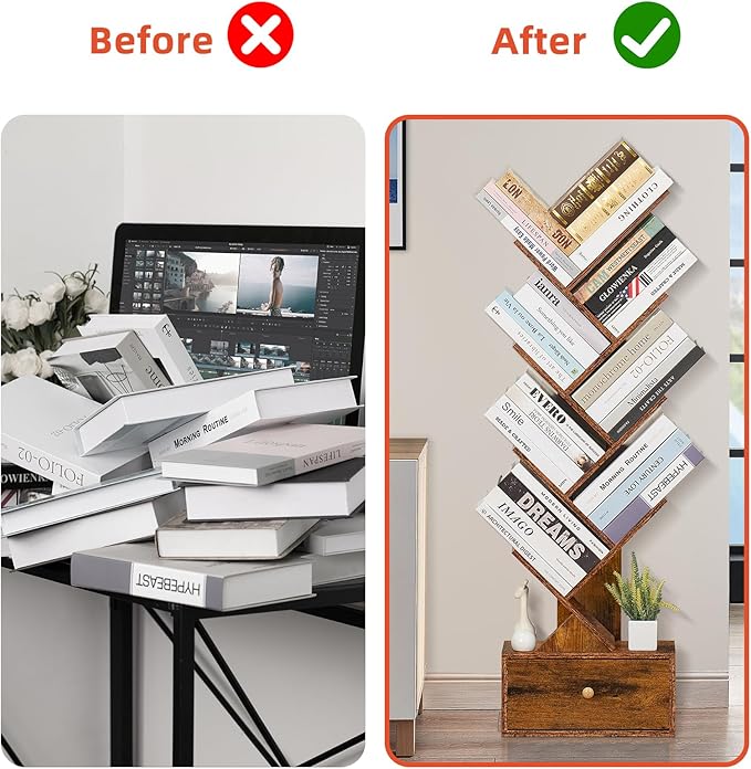 8 Tier Tree Bookshelf with Drawer, Free Standing Wood Bookcase for Narrow Space, Storage Organizer Bookshelves for Books, Book Case for Home Office, Living Room, Bedroom, Rustic Brown - LeafyLoom