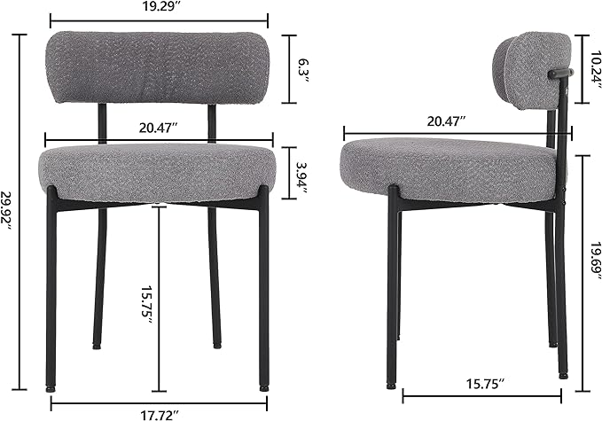 EDWELL Boucle Dining Chairs Set of 4, Modern Upholstered Dining Room Chairs with Black Metal Legs, Dark Grey Curved Backrest Kitchen Chair for Dining Room, Living Room - LeafyLoom