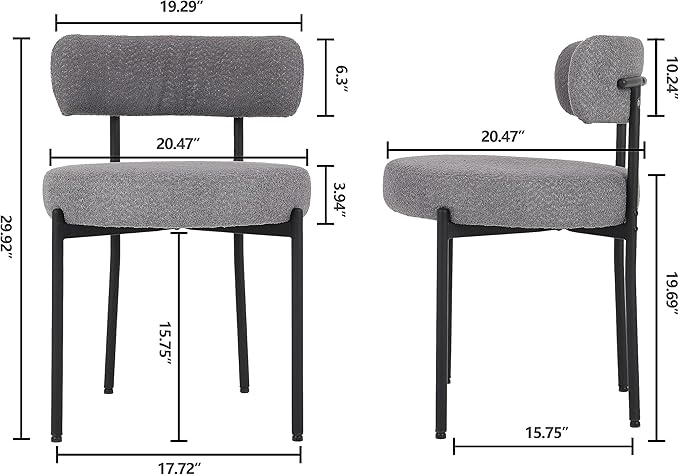 EDWELL Boucle Dining Chairs Set of 6, Modern Upholstered Dining Room Chairs with Black Metal Legs, Dark Grey Curved Backrest Kitchen Chair for Dining Room, Living Room - LeafyLoom