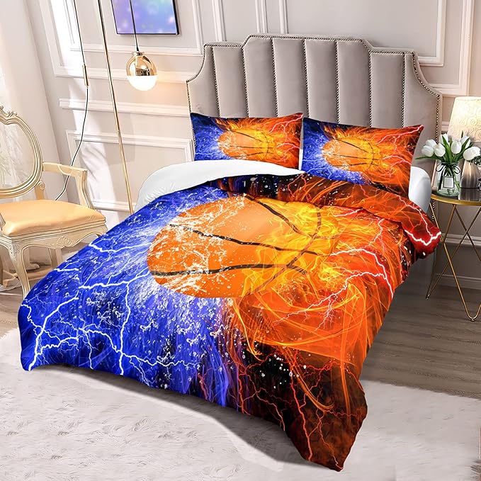 Basketball Comforter Set Queen Size Basketball Queen Comforter Sets for Boys Basketball Bedding Sport Microfiber Queen Bedding Set for Kids Boys Teens, 1 Comforter+2 Pillowcases - LeafyLoom