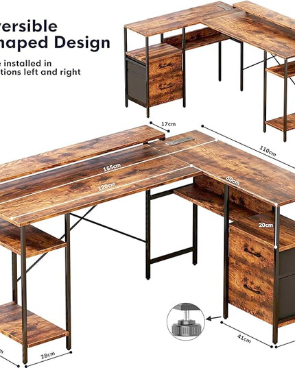 L-Shaped Home Office Desk with 2 Drawer Office Computer Desk with Monitor Stand Power Outlets and LED Lights Reversible Corner Gaming Desk 61 Inch Rustic Brown - LeafyLoom