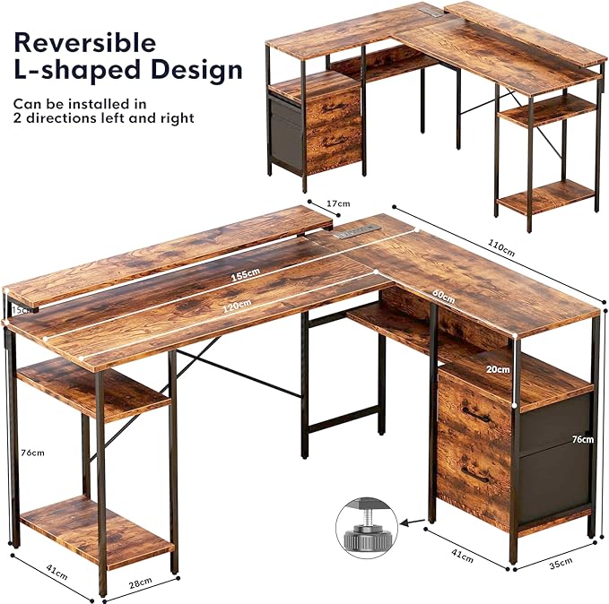 L-Shaped Home Office Desk with 2 Drawer Office Computer Desk with Monitor Stand Power Outlets and LED Lights Reversible Corner Gaming Desk 61 Inch Rustic Brown - LeafyLoom