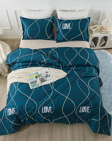 Blue Green Comforter Set King Size, 3 Pieces Modern Lines Pattern with Love, Soft Microfiber Bedding Comforter Set, Down Alternative Comforters for All Season (104 * 90’’) - LeafyLoom