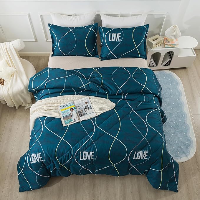 Blue Green Comforter Set King Size, 3 Pieces Modern Lines Pattern with Love, Soft Microfiber Bedding Comforter Set, Down Alternative Comforters for All Season (104 * 90’’) - LeafyLoom