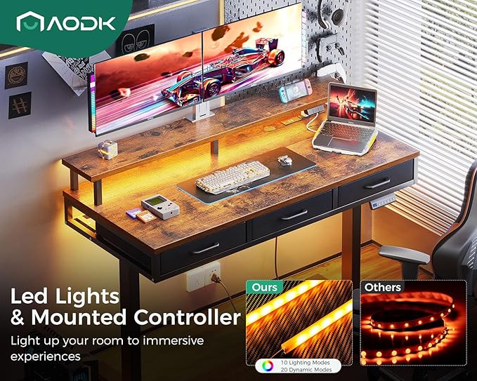 AODK 55 Inch Electric Standing Desk with 3 Drawers, Brown, Height Adjustable Desk with Power Outlets & LED Lights, Stand Up Desk with Monitor Shelf, Sit Stand Desk Computer Workstation - LeafyLoom