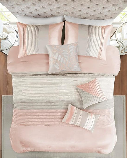 Madison Park Amherst Faux Silk Comforter Set-Casual Contemporary Design All Season Down Alternative Bedding, Matching Shams, Bedskirt, Decorative Pillows, Queen (90 in x 90 in), Blush/Taupe 7 Piece - LeafyLoom