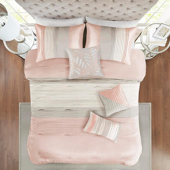 Madison Park Amherst Faux Silk Comforter Set-Casual Contemporary Design All Season Down Alternative Bedding, Matching Shams, Bedskirt, Decorative Pillows, Queen (90 in x 90 in), Blush/Taupe 7 Piece - LeafyLoom