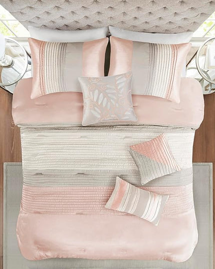 Madison Park Amherst Faux Silk Comforter Set-Casual Contemporary Design All Season Down Alternative Bedding, Matching Shams, Bedskirt, Decorative Pillows, King (104 in x 92 in), Blush/Taupe 7 Piece - LeafyLoom