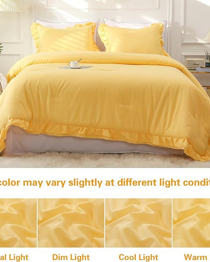 Yellow Double Ruffle Comforter Set Queen Size (90x90 Inch), 3 Pcs Farmhouse Vintage Comforter Set (1 Ruffled Comforter and 2 Pillowcase), Rustic All Season Down Alternative Bedding Set - LeafyLoom