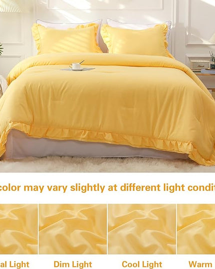Yellow Double Ruffle Comforter Set Twin Size (66x90 Inch), 2 Pcs Farmhouse Vintage Comforter Set (1 Ruffled Comforter and 1 Pillowcase), Rustic All Season Down Alternative Bedding Set - LeafyLoom