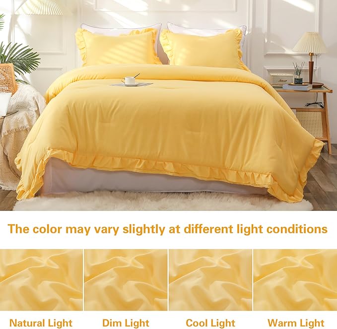 Yellow Double Ruffle Comforter Set Full Size (79x90 Inch), 3 Pcs Farmhouse Vintage Comforter Set (1 Ruffled Comforter and 2 Pillowcase), Rustic All Season Down Alternative Bedding Set - LeafyLoom