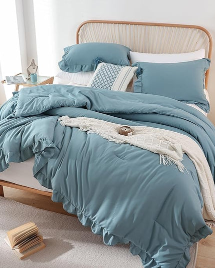JANZAA Comforter Set Full Size Mineral Blue Ruffle Comforter 3PCS Soft Fluffy Comforter Vintage Farmhouse Bed Comforter Set Shabby Chic Bedding with 2 Pillowcases - LeafyLoom