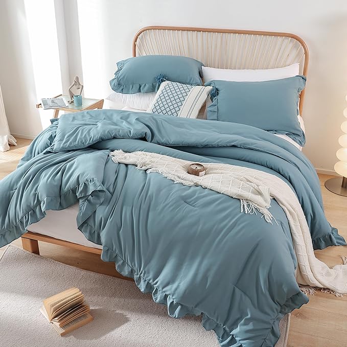 JANZAA Comforter Set Full Size Mineral Blue Ruffle Comforter 3PCS Soft Fluffy Comforter Vintage Farmhouse Bed Comforter Set Shabby Chic Bedding with 2 Pillowcases - LeafyLoom
