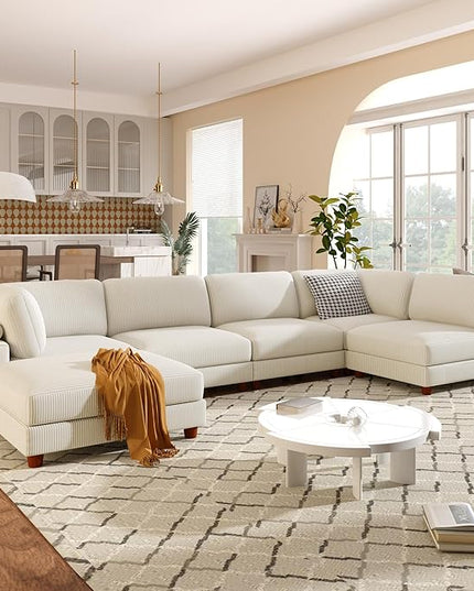 Free Combination Convertible Modular Sectional Sofa with Movable Ottomans , 163'' Oversized Corduroy Upholstered Sleeper Corner Couch Sofabed with Wooden Legs and Detachable Cushions for Living Room - LeafyLoom