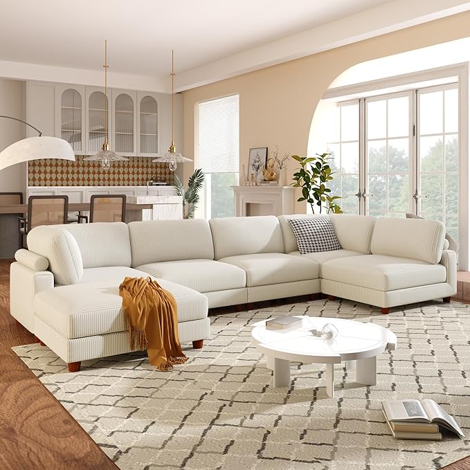 Free Combination Convertible Modular Sectional Sofa with Movable Ottomans , 163'' Oversized Corduroy Upholstered Sleeper Corner Couch Sofabed with Wooden Legs and Detachable Cushions for Living Room - LeafyLoom
