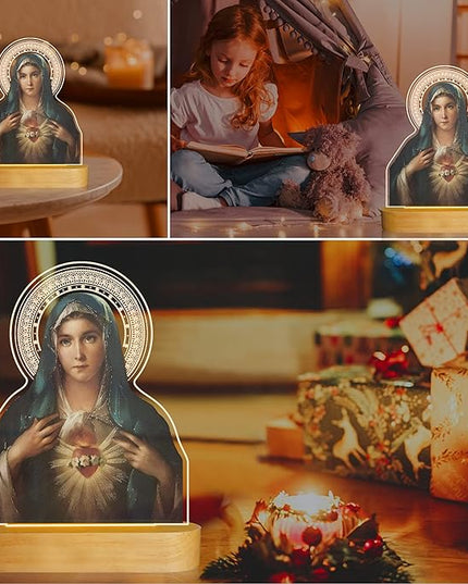 Virgin Mary Gifts for Women, Immaculate Heart of Mother Mary Pictures, Heart of Mary Catholic Gifts Night Light for Home Decor, Christian Religious Blessed Baptize Gifts for Mum Grandma Lady - LeafyLoom