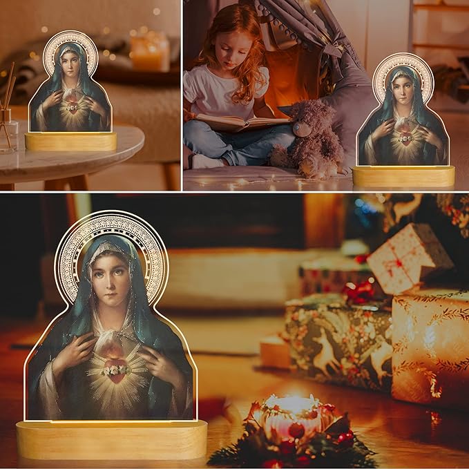 Virgin Mary Gifts for Women, Immaculate Heart of Mother Mary Pictures, Heart of Mary Catholic Gifts Night Light for Home Decor, Christian Religious Blessed Baptize Gifts for Mum Grandma Lady - LeafyLoom