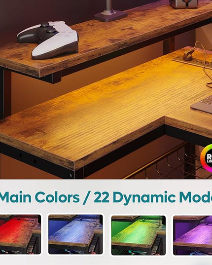 Bestier 52 Gaming Desk with Power Outlet & USB Ports,Reversible Small L Shaped Computer Desk with LED Strip & Headset Hooks,Corner Desk for Small Home Office Spaces,Bedroom Rustic - LeafyLoom