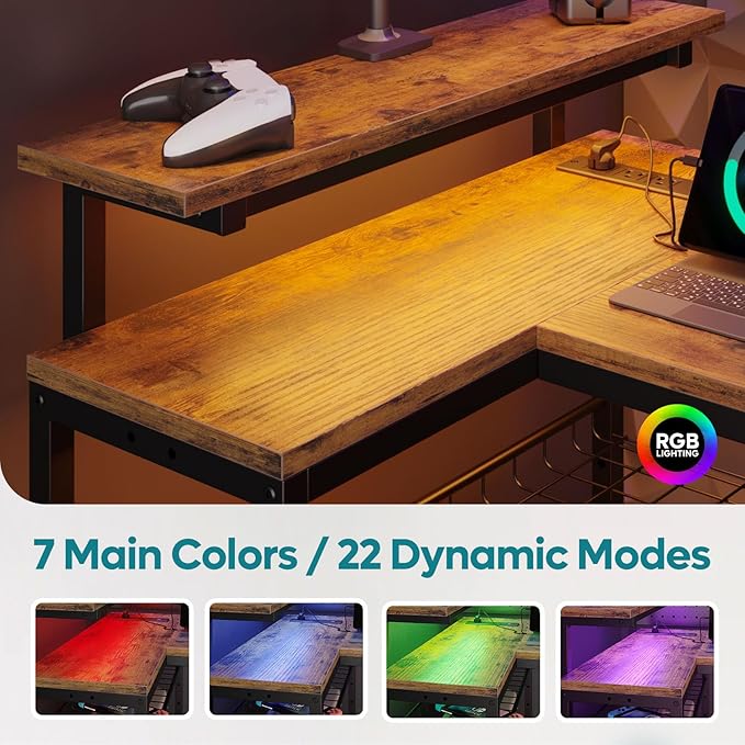 Bestier 52 Gaming Desk with Power Outlet & USB Ports,Reversible Small L Shaped Computer Desk with LED Strip & Headset Hooks,Corner Desk for Small Home Office Spaces,Bedroom Rustic - LeafyLoom