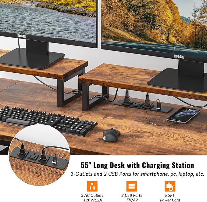 Furologee Desk with Drawer and Power Outlets, 55" Large Compter Desk with Fabric File Cabinet and 2 Movable Monitor Shelf, Writing Gaming Table with CPU Stand and 2 Hooks for Home Office, Rustic Brown - LeafyLoom