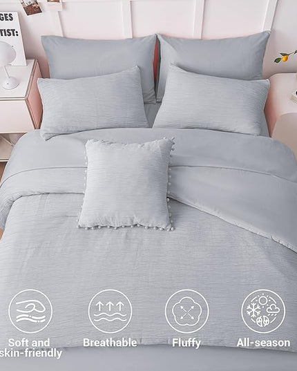 8 Piece Woven Texture Grey Comforter Queen Size, Bed in A Bag Bedding Sets Queen with Comforter and Sheets, Soft Lightweight Comforter Set with Deocor Throw Pillow, Grey - LeafyLoom