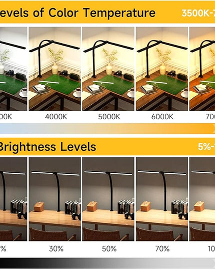 SKYLEO Desk Lamp - Double Head LED Desk Light for Home office - 24W Eye Caring - Touch Control - 5 Color Modes X 11 Brightness Levels - 2400LM - Timmer & Memory Function - Black - LeafyLoom