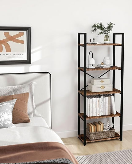 5 Tier Bookshelf Rustic Industrial Style, Storage Shelves, Metal Book Shelves Bookcase Book Shelf Display Shelf for Home Office, Living Room, Bedroom, Kitchen (23.6" W, Brown) - LeafyLoom
