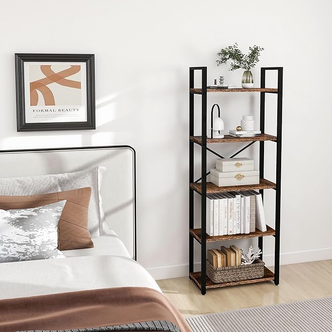 5 Tier Bookshelf Rustic Industrial Style, Storage Shelves, Metal Book Shelves Bookcase Book Shelf Display Shelf for Home Office, Living Room, Bedroom, Kitchen (23.6" W, Brown) - LeafyLoom