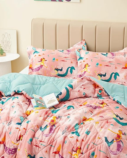 Twin Mermaid Bedding Sets for Girls, 2 Pieces Kids Twin Comforter Sets, Super Soft Lightweight for All Seasons, Includes 1 Comforter (66"x86") and 1 Pillowcase (20"x26"+2") - LeafyLoom