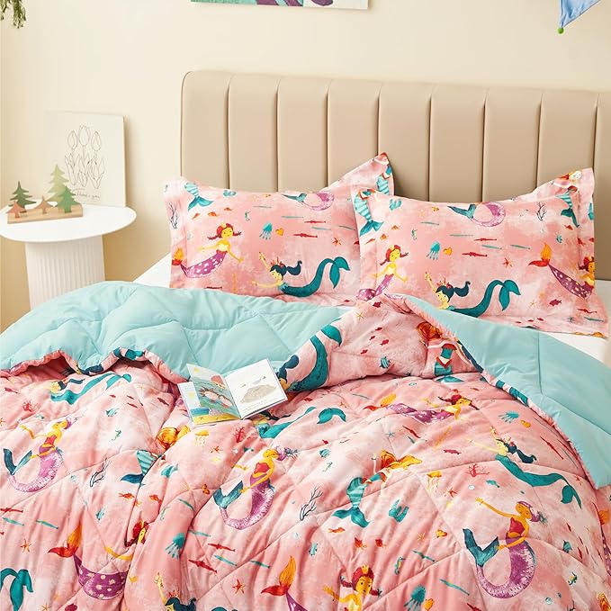 Twin Mermaid Bedding Sets for Girls, 2 Pieces Kids Twin Comforter Sets, Super Soft Lightweight for All Seasons, Includes 1 Comforter (66"x86") and 1 Pillowcase (20"x26"+2") - LeafyLoom