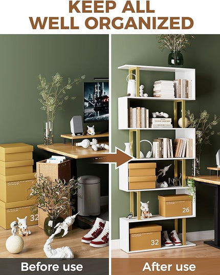 Gadroad 6-Tier Geometric Bookcase,S Shaped Bookshelf, Wood Decorative Storage Shelving, Modern Freestanding Display Shelves, Tall Book Shelf Unit for Living Room Bedroom - LeafyLoom