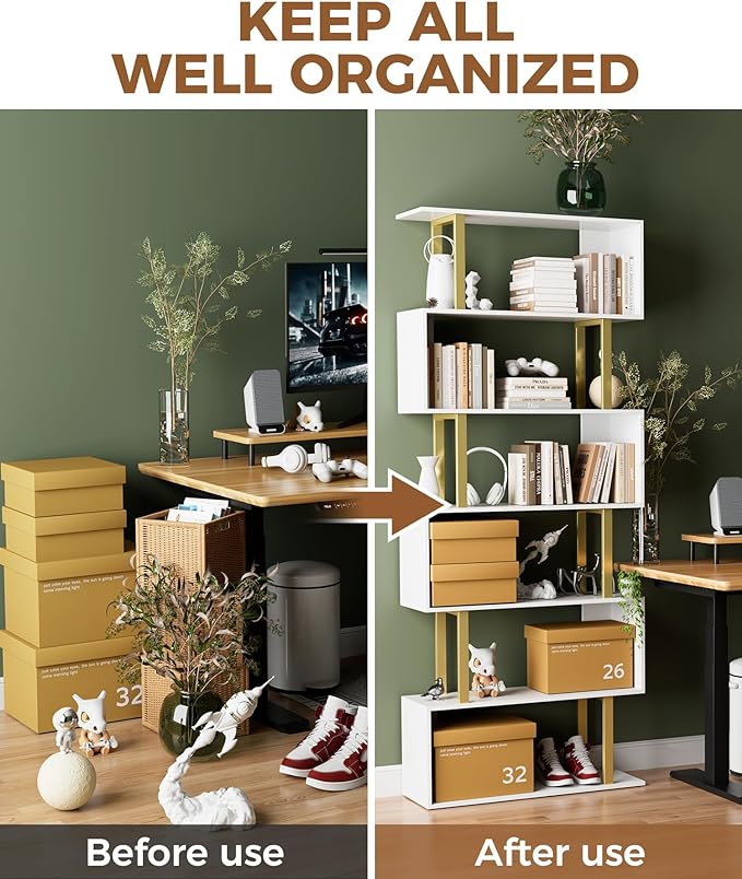 Gadroad 6-Tier Geometric Bookcase,S Shaped Bookshelf, Wood Decorative Storage Shelving, Modern Freestanding Display Shelves, Tall Book Shelf Unit for Living Room Bedroom - LeafyLoom