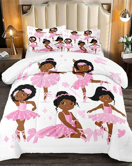Pink African American Twin Comforter Set for Girls Kids Adults, Cute Twin Bedding Set for Girls Bedroom Decor Set 1 Comforter 2 Pillowcases, Cute Ballet Princess Dancer, Twin Size - LeafyLoom