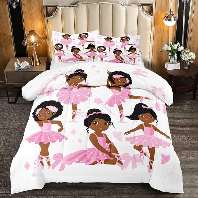 Cute Pink Dancer Bedding Set Full Size 3Pcs Lovely Black Girls Ballerina Patterns Twin Comforter Set for Girls Ultra Soft Princess Bed Decor Quilt Sets, 1 Comforter with 2 Pillowcases - LeafyLoom