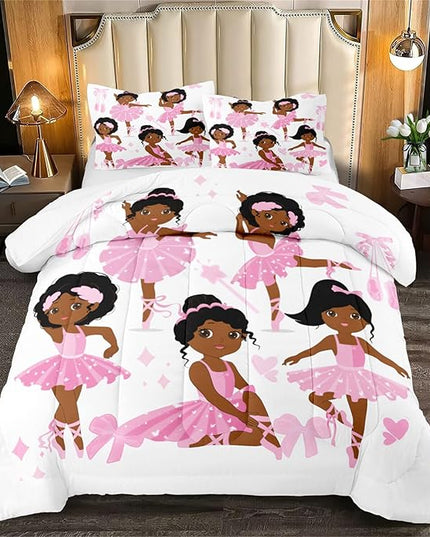 African American Comforter Set 3Pcs for Kids Pink Black Cute Little Dancers Twin Bedding Set for Girls Queen Size Soft Lovely Ballet Girl Duvet Cover with 2 Pillowcases for All Season - LeafyLoom