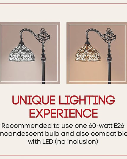 Amora Tiffany Floor Lamp - Arched, Stained Glass 62” with Foot Switch Operation and Adjustable Lamp Shade - Custom Handcrafted Floor Lamps for Living Room in White Mahogany Traditional Peacock - LeafyLoom