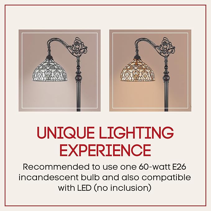 Amora Tiffany Floor Lamp - Arched, Stained Glass 62” with Foot Switch Operation and Adjustable Lamp Shade - Custom Handcrafted Floor Lamps for Living Room in White Mahogany Traditional Peacock - LeafyLoom