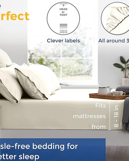 THREAD SPREAD Luxury Egyptian Cotton Sheets King Size - 600 Thread Count Sheets King 4 PC Luxury Sheets King Size, 16" Deep Pocket, Soft, Cooling Sateen Weave Hotel Luxury Bed Sheets Set - Ivory - LeafyLoom