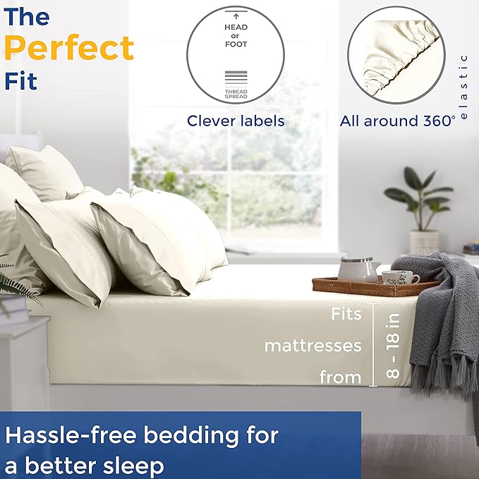 THREAD SPREAD Luxury Egyptian Cotton Sheets King Size - 600 Thread Count Sheets King 4 PC Luxury Sheets King Size, 16" Deep Pocket, Soft, Cooling Sateen Weave Hotel Luxury Bed Sheets Set - Ivory - LeafyLoom
