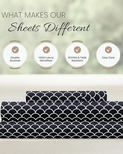 3 Piece Twin Bedding Sheet Set (Navy Scallops) - Sleep Better Than Ever with These Ultra-Soft & Cooling Bed Sheets for Your Twin Size Bed - Deep Pocket Fits 16" Mattress - LeafyLoom