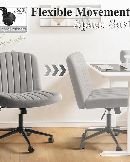 Criss Cross Legged Chair with Wheels, Armless Swivel Wide Padded Height Adjustable Fabric Home Office, Light Grey - LeafyLoom