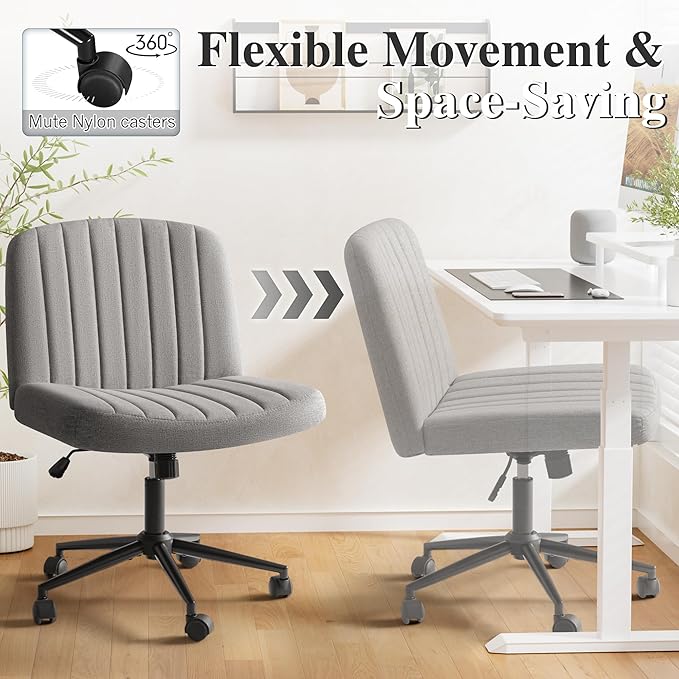 Criss Cross Legged Chair with Wheels, Armless Swivel Wide Padded Height Adjustable Fabric Home Office, Light Grey - LeafyLoom