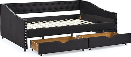 Full Size Daybed with 2 Drawers, Upholstered Tufted Day Bed, with Button Back and Waved Shape Arms, Wood Slat Support, No Spring Box Need, for Bedroom, Livingroom - LeafyLoom