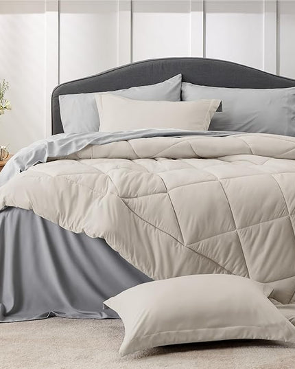 Bedsure Beige Twin Comforter Sets - 5 Pieces Reversible Twin Bedding Sets for College, Beige Extra Long Bed Set Twin with Comforters, Sheets, Pillowcase & Sham - LeafyLoom