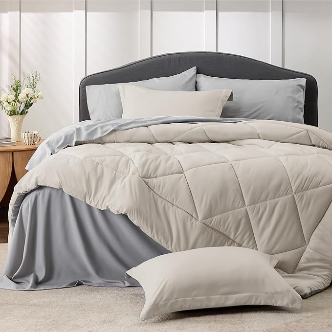 Bedsure Beige Twin Comforter Sets - 5 Pieces Reversible Twin Bedding Sets for College, Beige Extra Long Bed Set Twin with Comforters, Sheets, Pillowcase & Sham - LeafyLoom