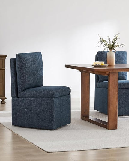 Upholstered Dining Chair with Casters Armless Modern Rolling Design for Diningroom Bedroom Livingroom Reading Room, Set of 2, Blue - LeafyLoom