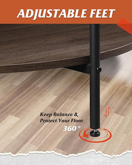WLIVE Round Coffee Table, Living Room Table with 2-Tier Storage Shelf,32in Wood Modern Coffee Table with Metal Frame and Wood Desktop,Easy Assembly，Brown Walnut. - LeafyLoom