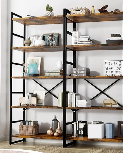 Shintenchi 2 Pieces 5 Tiers Bookshelf, Classically Tall Bookcase Shelf, Industrial Book Rack, Modern Book Holder in Bedroom/Living Room/Home/Office, Storage Rack Shelves for Books/movies-Rustic Brown - LeafyLoom
